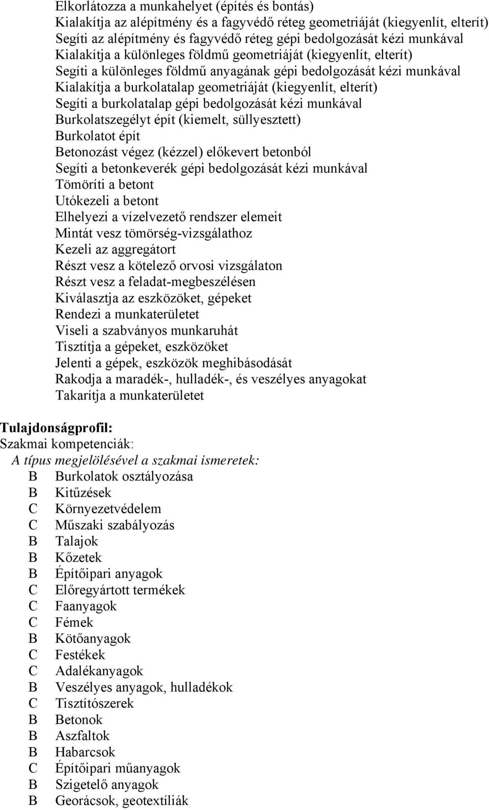 Segíti a burkolatalap gépi bedolgozását kézi munkával Burkolatszegélyt épít (kiemelt, süllyesztett) Burkolatot épít Betonozást végez (kézzel) előkevert betonból Segíti a betonkeverék gépi