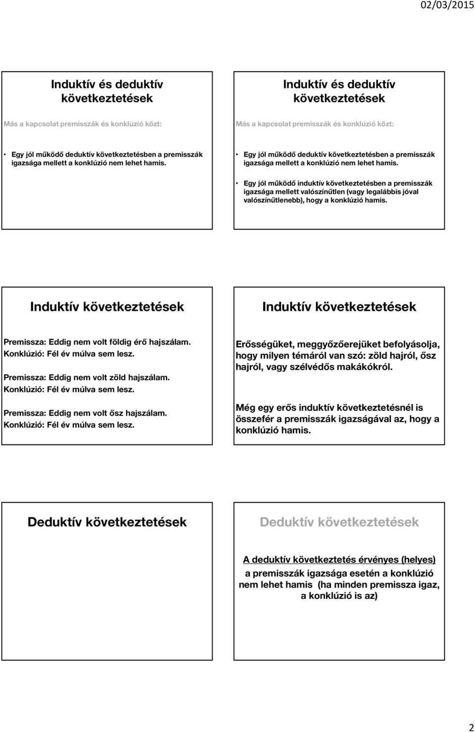 Egy jól működő induktív következtetésben a premisszák igazsága mellett valószínűtlen (vagy legalábbis jóval valószínűtlenebb), hogy a konklúzió hamis.