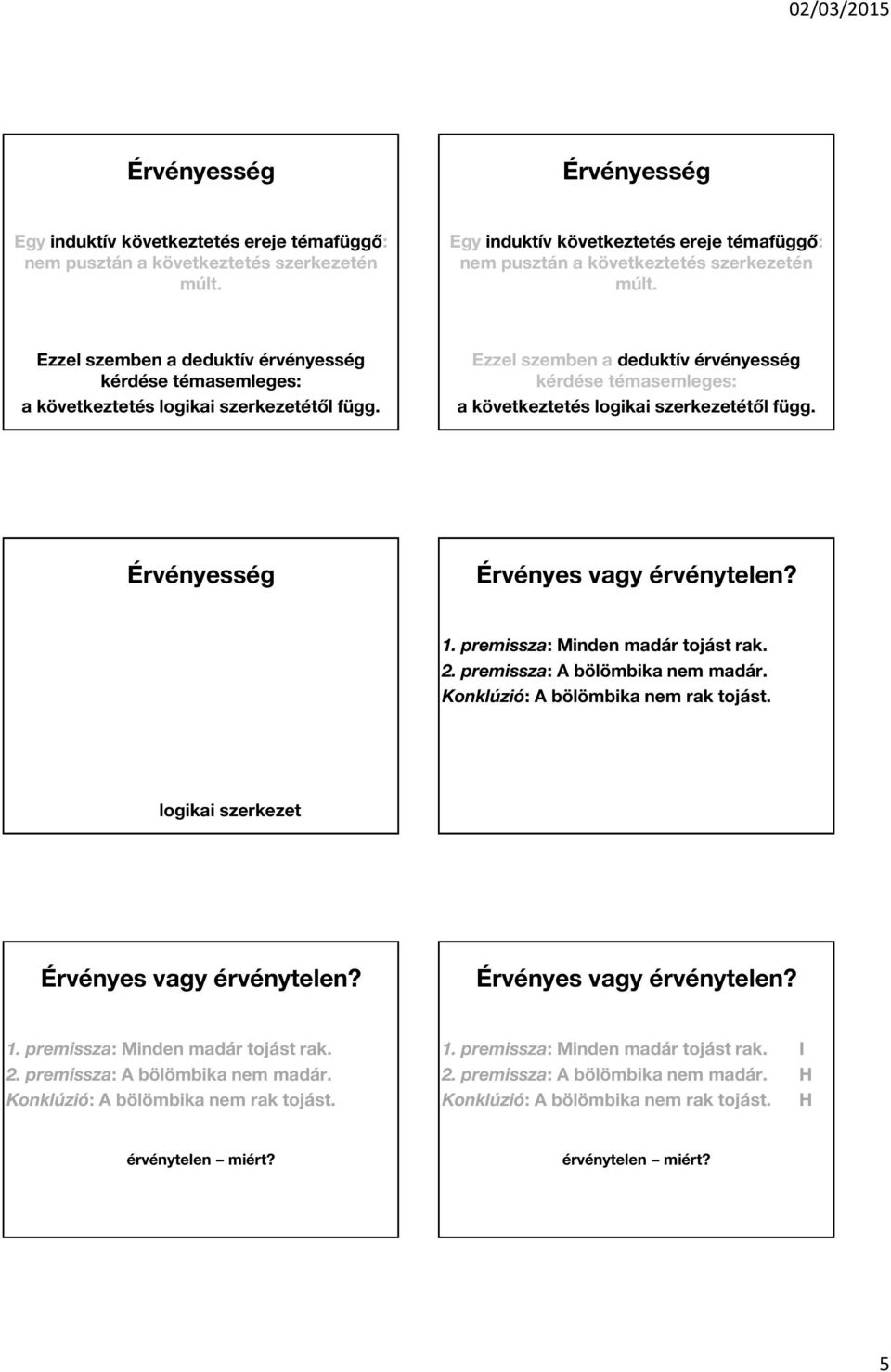 Egy induktív következtetés ereje témafüggő: nem pusztán a következtetés szerkezetén múlt. 1. premissza: Minden madár tojást rak. 2. premissza: A bölömbika nem madár.