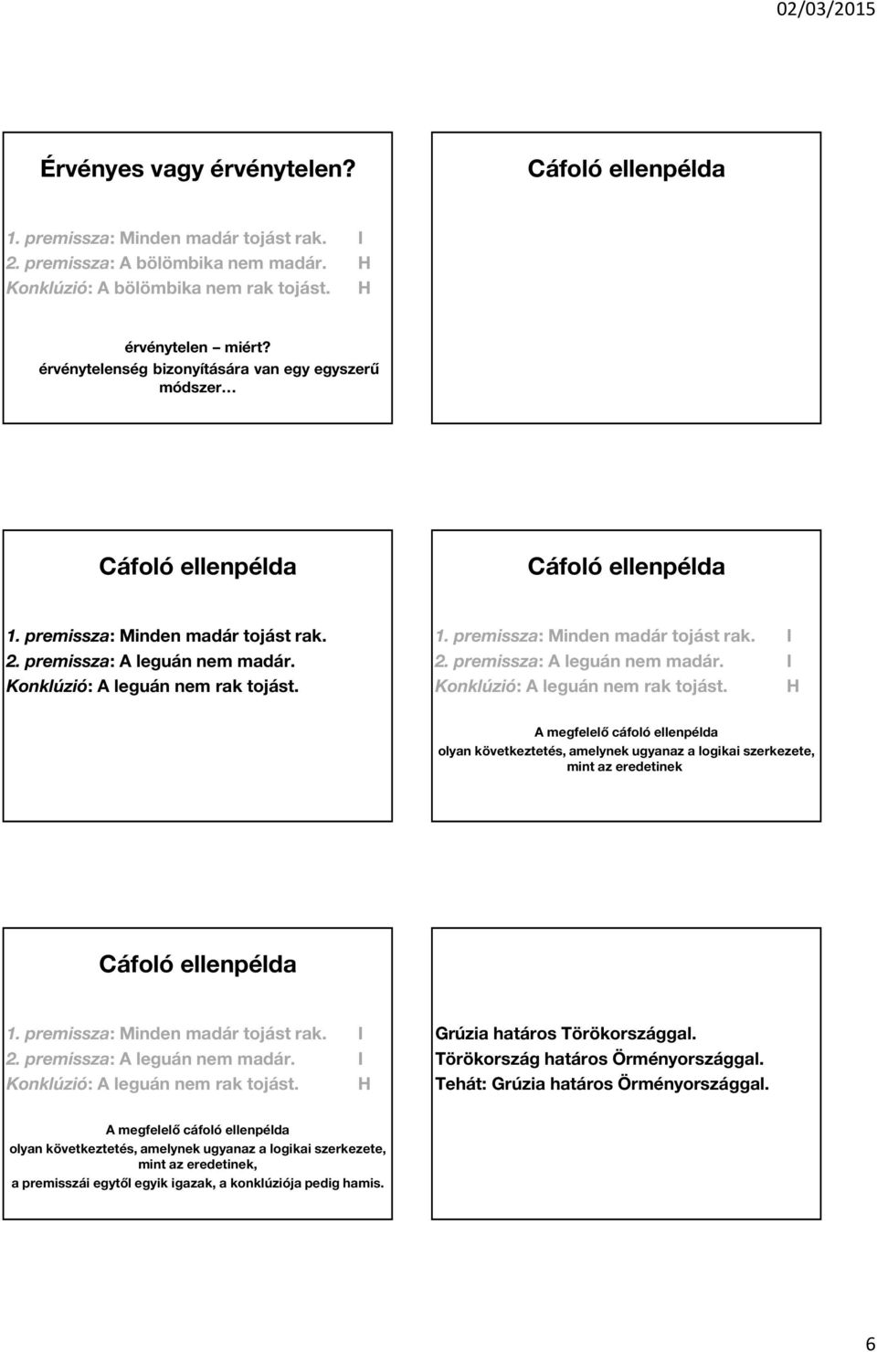 Konklúzió: A leguán nem rak tojást. 1. premissza: Minden madár tojást rak. 2. premissza: A leguán nem madár. Konklúzió: A leguán nem rak tojást.