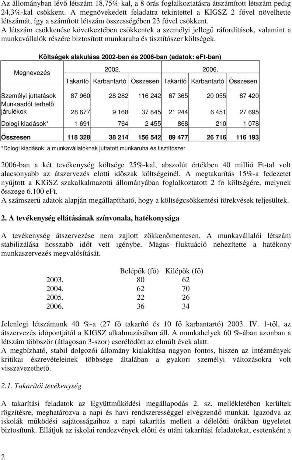 A létszám csökkenése következtében csökkentek a személyi jellegő ráfordítások, valamint a munkavállalók részére biztosított munkaruha és tisztítószer költségek.