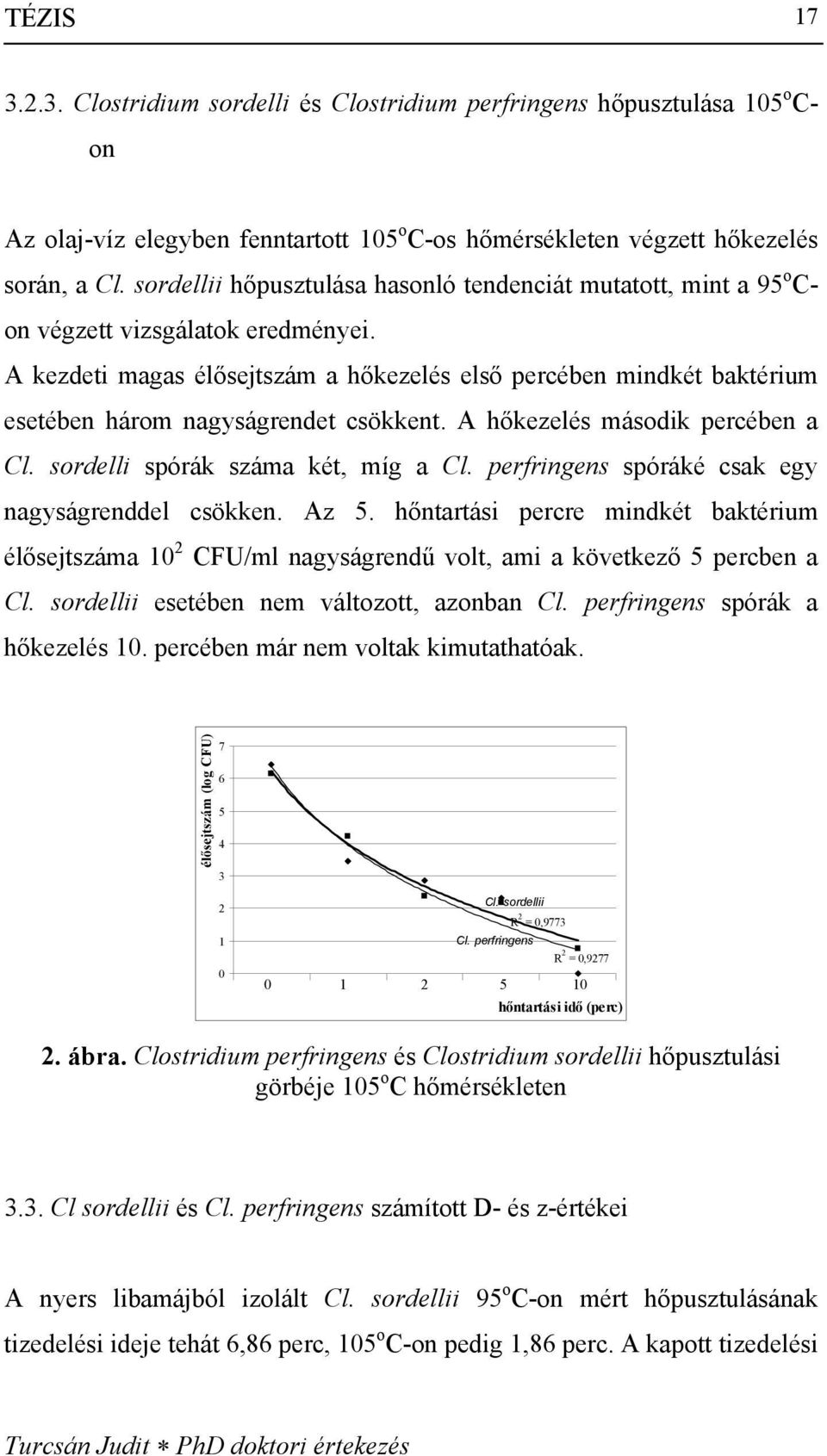 A kezdeti magas élősejtszám a hőkezelés első percében mindkét baktérium esetében három nagyságrendet csökkent. A hőkezelés második percében a Cl. sordelli spórák száma két, míg a Cl.