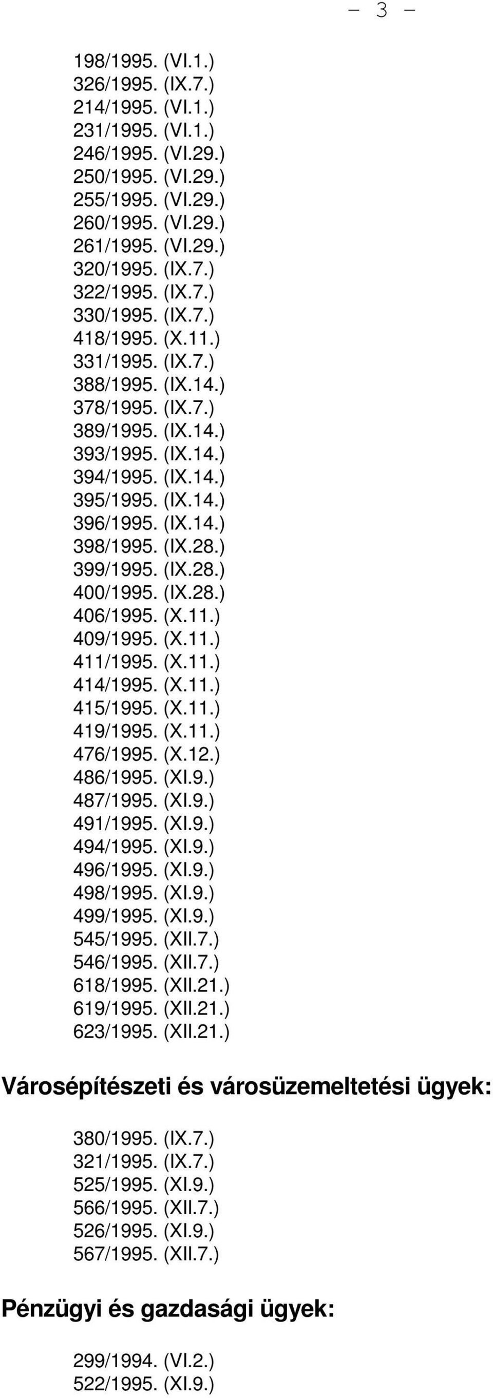 (IX.28.) 399/1995. (IX.28.) 400/1995. (IX.28.) 406/1995. (X.11.) 409/1995. (X.11.) 411/1995. (X.11.) 414/1995. (X.11.) 415/1995. (X.11.) 419/1995. (X.11.) 476/1995. (X.12.) 486/1995. (XI.9.) 487/1995.