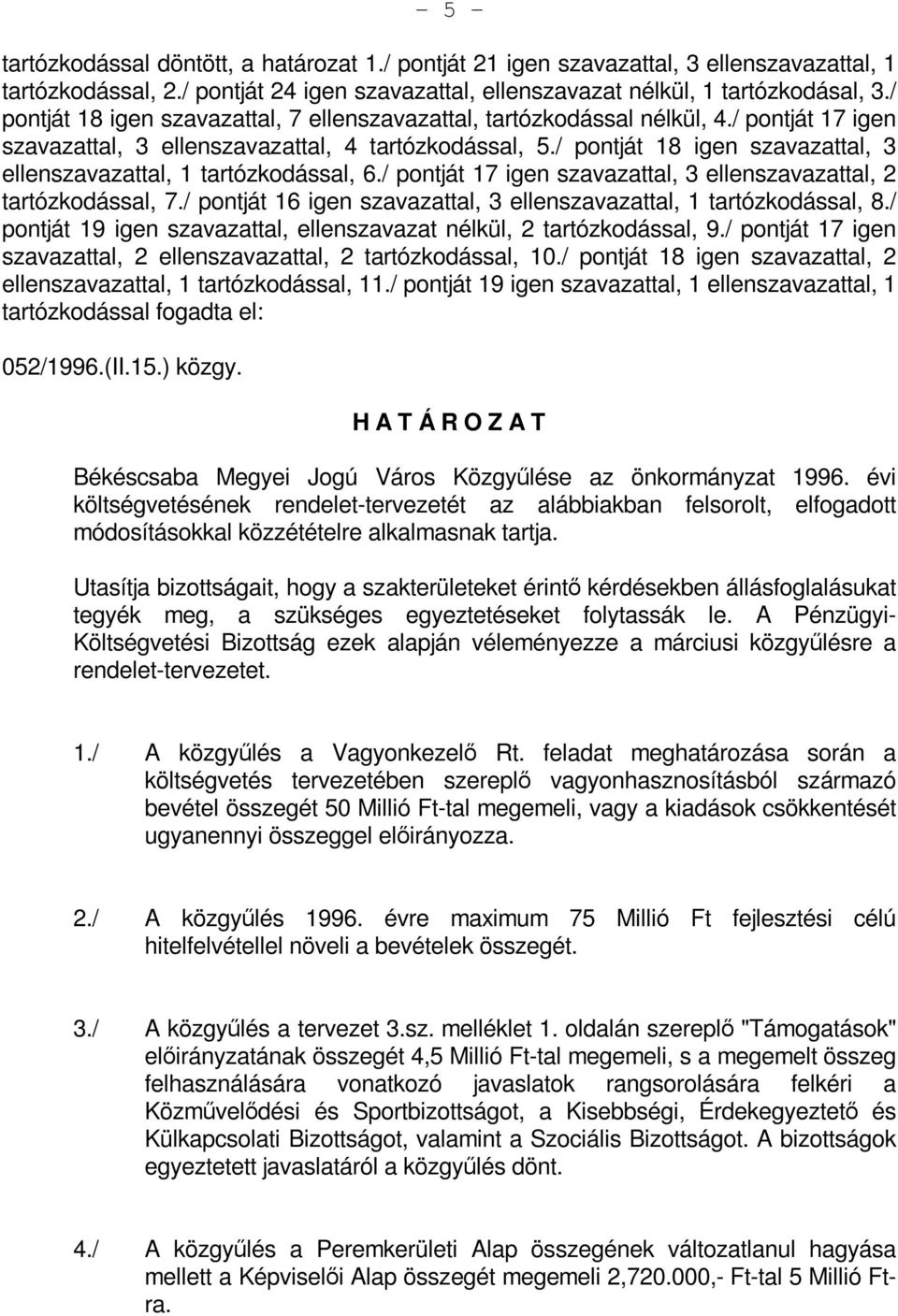 / pontját 18 igen szavazattal, 3 ellenszavazattal, 1 tartózkodással, 6./ pontját 17 igen szavazattal, 3 ellenszavazattal, 2 tartózkodással, 7.