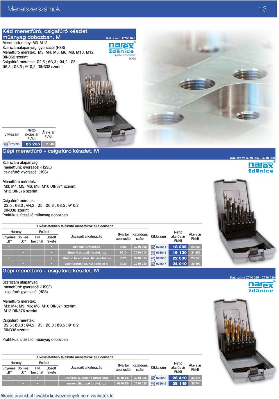 DIN338 szerint 9960 975596 25 235 32 048 Gépi menetfúró + csigafúró készlet, M Szerszám alapanyag: menetfúró: gyorsacél (HSSE) csigafúró: gyorsacél (HSS) Kat.