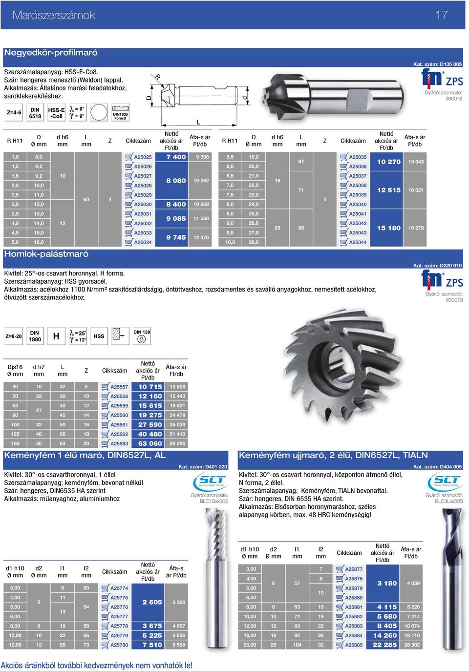 14,0 12 A25032 4,5 15,0 A25033 5,0 16,0 A25034 Homlok-palástmaró 9 085 11 538 9 745 12 376 R H11 D Ø d h6 L Z 5,5 19,0 A25035 67 6,0 20,0 A25036 6,5 21,0 A25037 16 7,0 22,0 A25038 71 7,5 23,0 A25039