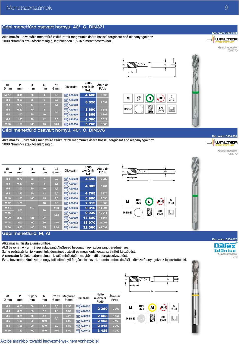 szám: C104 030 7051770 d1 Ø P l1 l2 Ø M 2,5 0,45 50 4 2,8 A20549 4 480 5 690 M 3 0,50 56 6 3,5 A20550 M 4 0,70 63 7 4,5 A20552 3 620 4 597 M 5 0,80 70 8 A20554 3 690 4 686 6,0 M 6 1,00 80 10 A20555 3