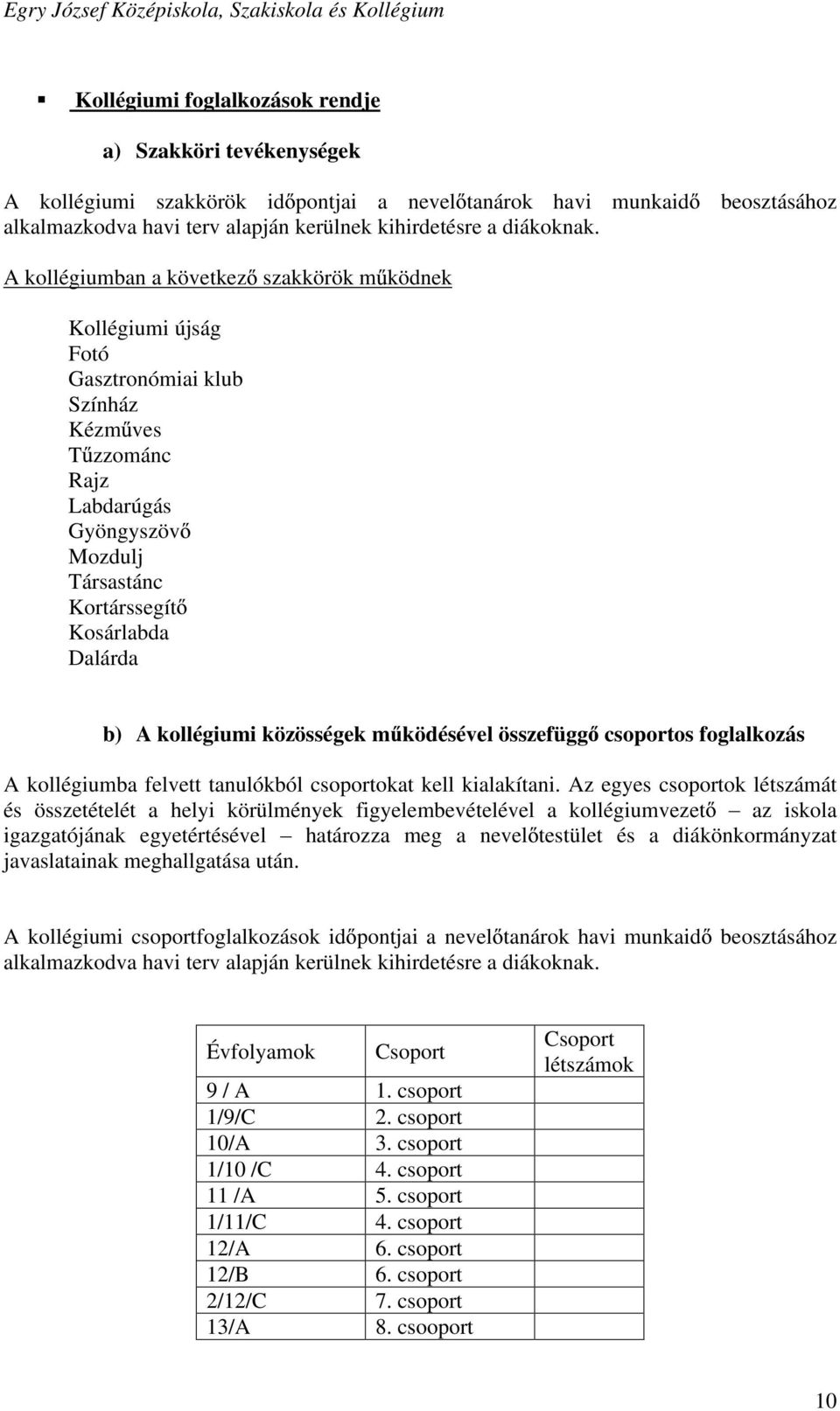 Dalárda b) A kollégiumi közösségek m ködésével összefügg csoportos foglalkozás A kollégiumba felvett tanulókból csoportokat kell kialakítani.