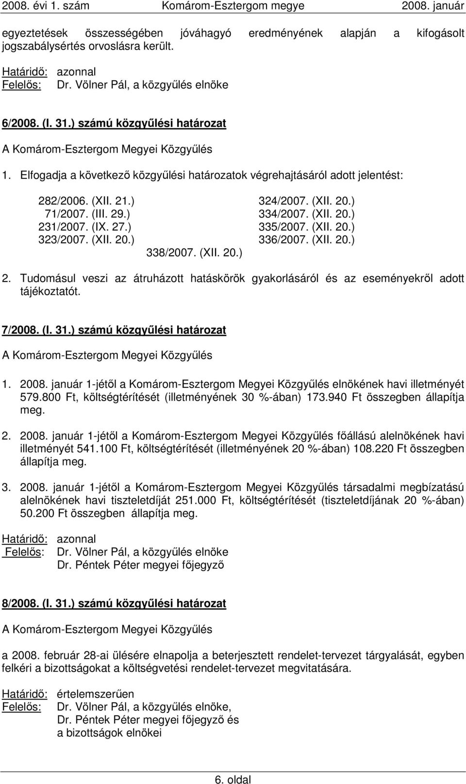 (XII. 20.) 336/2007. (XII. 20.) 338/2007. (XII. 20.) 2. Tudomásul veszi az átruházott hatáskörök gyakorlásáról és az eseményekrıl adott tájékoztatót. 7/2008. (I. 31.) számú közgyőlési határozat 1.