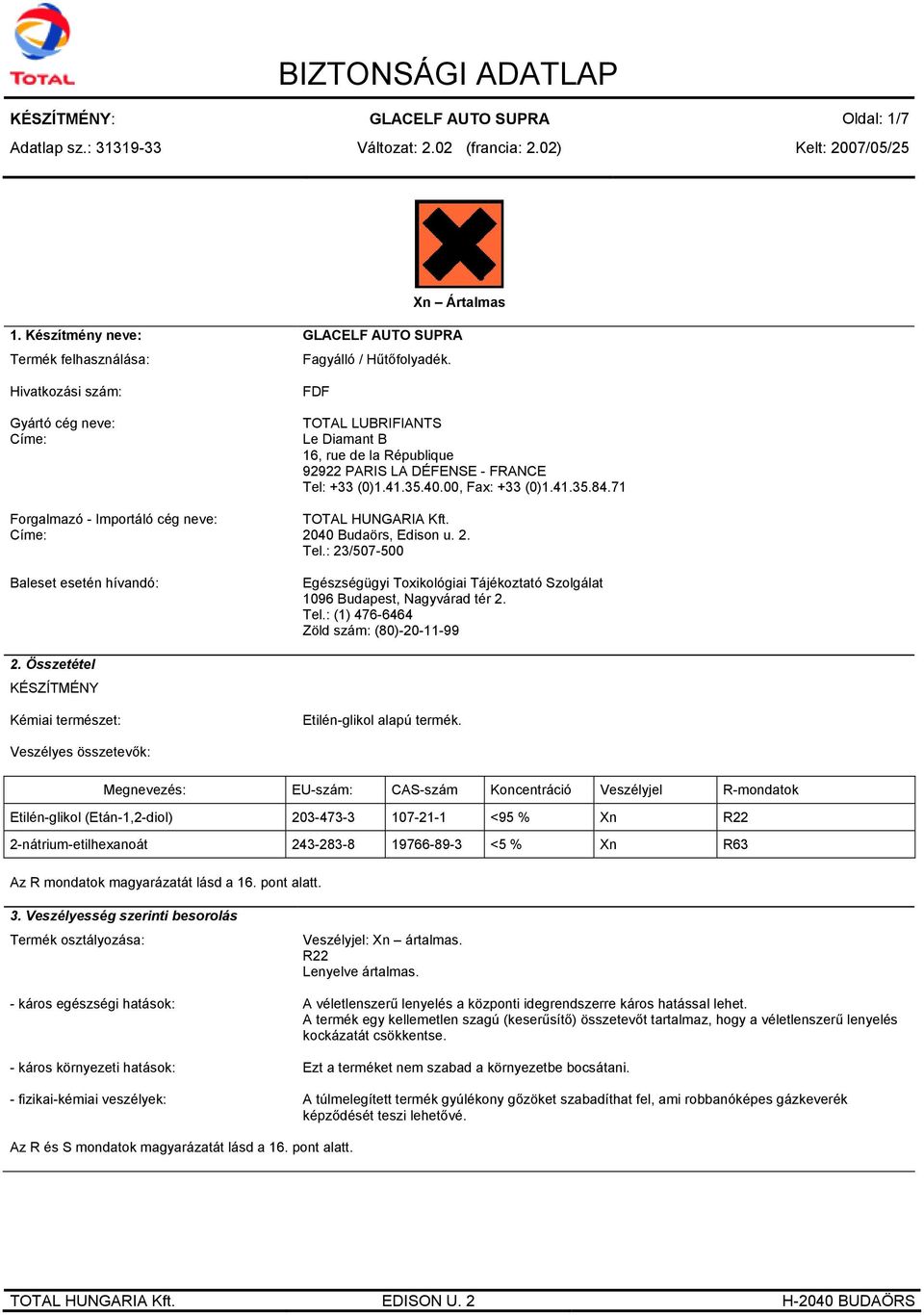 Tel: +33 (0)1.41.35.40.00, Fax: +33 (0)1.41.35.84.71 TOTAL HUNGARIA Kft. 2040 Budaörs, Edison u. 2. Tel.: 23/507-500 Egészségügyi Toxikológiai Tájékoztató Szolgálat 1096 Budapest, Nagyvárad tér 2.