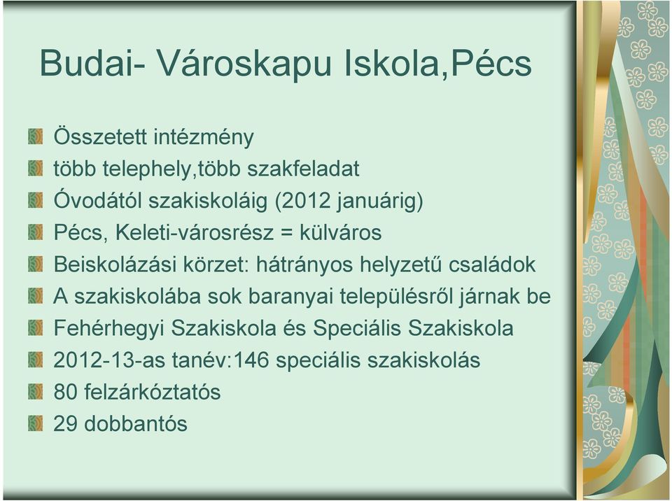 hátrányos helyzetű családok A szakiskolába sok baranyai településről járnak be Fehérhegyi