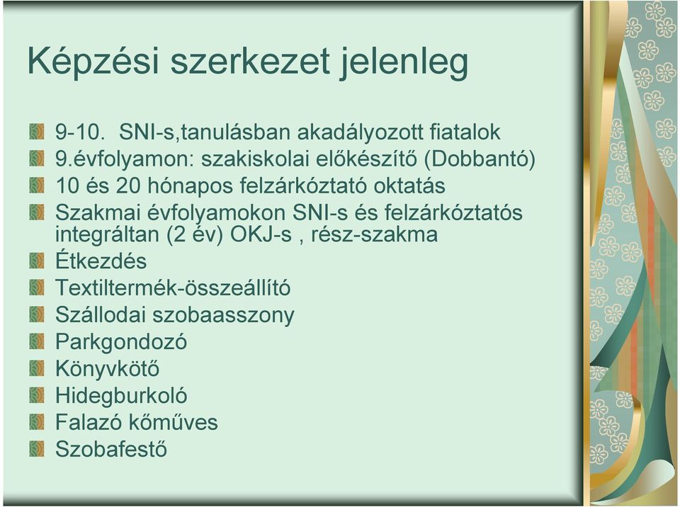 Szakmai évfolyamokon SNI-s és felzárkóztatós integráltan (2 év) OKJ-s, rész-szakma