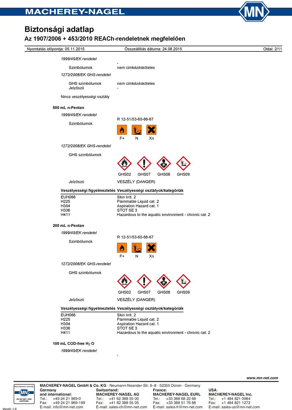 1 H336 STOT SE 3 H411 Hazardous to the aquatic environment chronic cat.