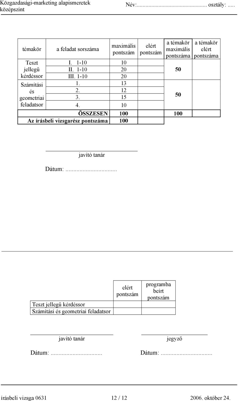 10 elért pontszám a témakör maximális pontszáma ÖSSZESEN 100 100 Az írásbeli vizsgarész pontszáma 100 50 50 a témakör elért