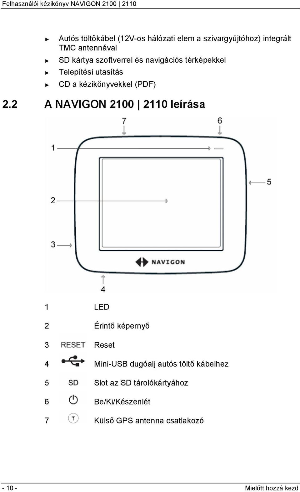 2 A NAVIGON 2100 2110 leírása 1 LED 2 Érintő képernyő 3 Reset 4 Mini-USB dugóalj autós töltő