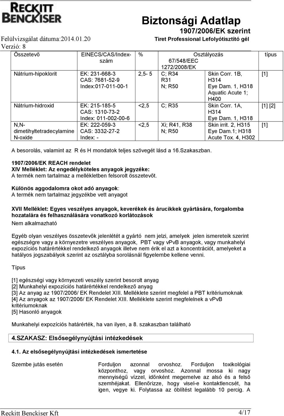 1A, H314 <2,5 Xi; R41, R38 N; R50 Eye Dam. 1, H318 Skin irrit. 2, H315 Eye Dam.1; H318 Acute Tox. 4, H302 típus [1] [1] [2] [1] A besorolás, valamint az R és H mondatok teljes szövegét lásd a 16.
