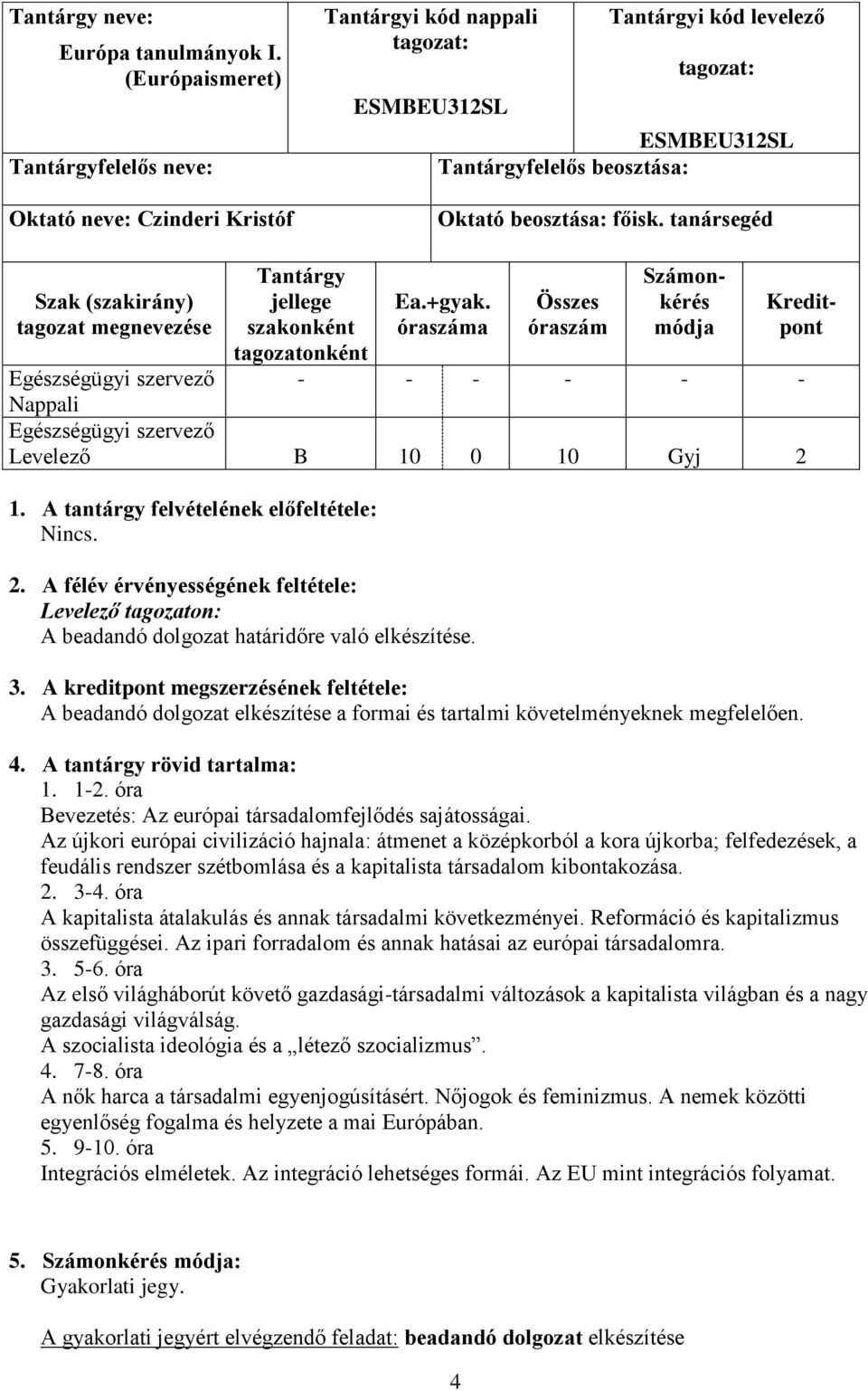 főisk. tanársegéd Szak (szakirány) tagozat megnevezése Tantárgy jellege szakonként tagozatonként Ea.+gyak.