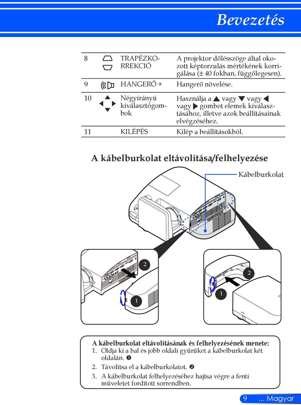 11 KILÉPÉS Kilép a beállításokból. A kábelburkolat eltávolítása/felhelyezése Kábelburkolat 2 2 1 1 A kábelburkolat eltávolításának és felhelyezésének menete: 1.