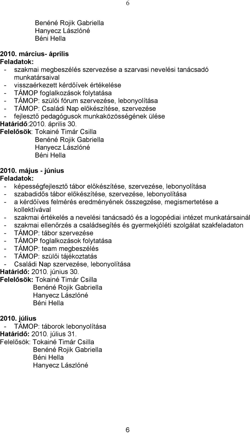 szervezése, lebonyolítása - TÁMOP: Családi Nap előkészítése, szervezése - fejlesztő pedagógusok munkaközösségének ülése Határidő:2010. április 30.