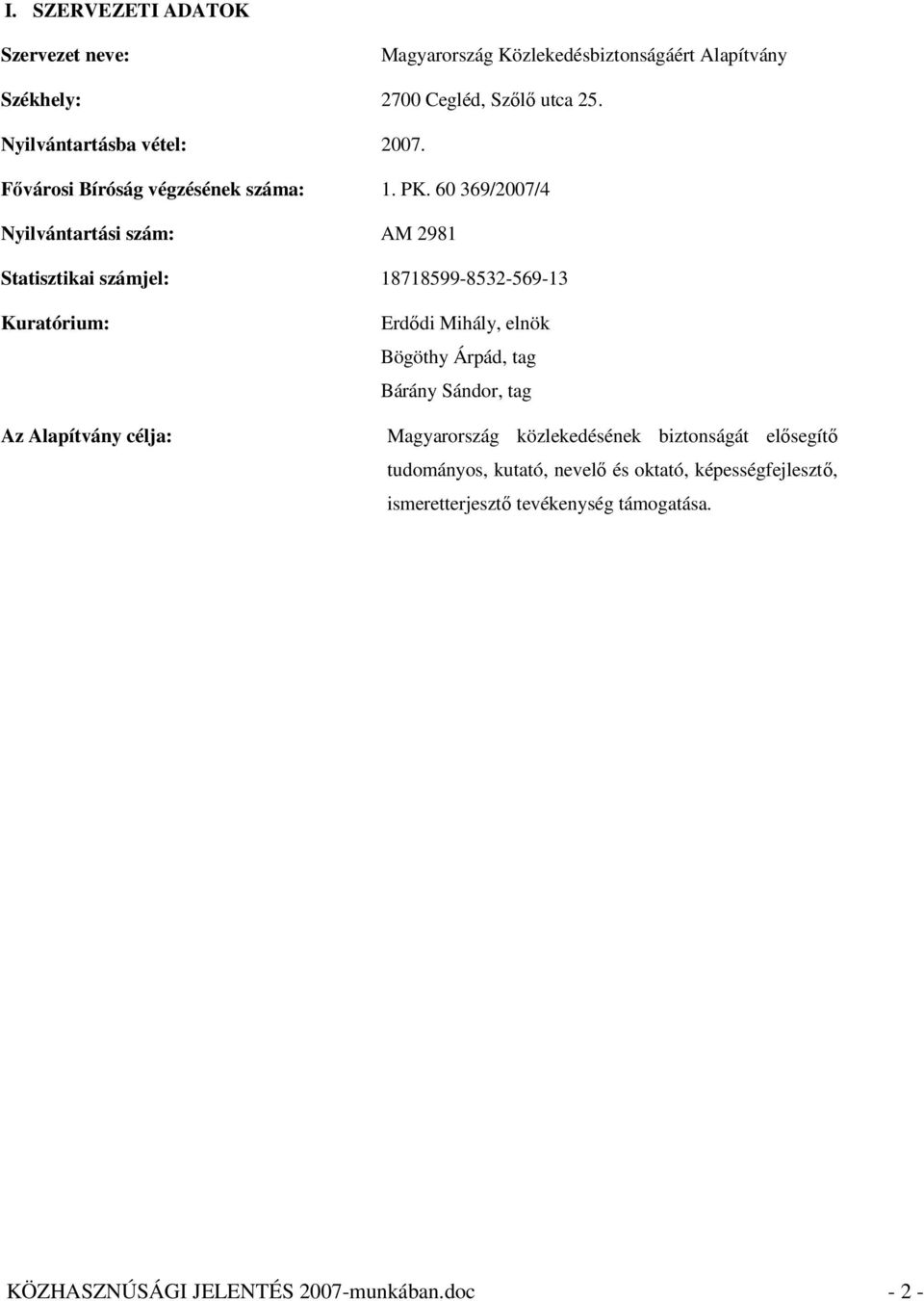 60 369/2007/4 Nyilvántartási szám: AM 2981 Statisztikai számjel: 18718599-8532-569-13 Kuratórium: Az Alapítvány célja: Erdődi Mihály, elnök