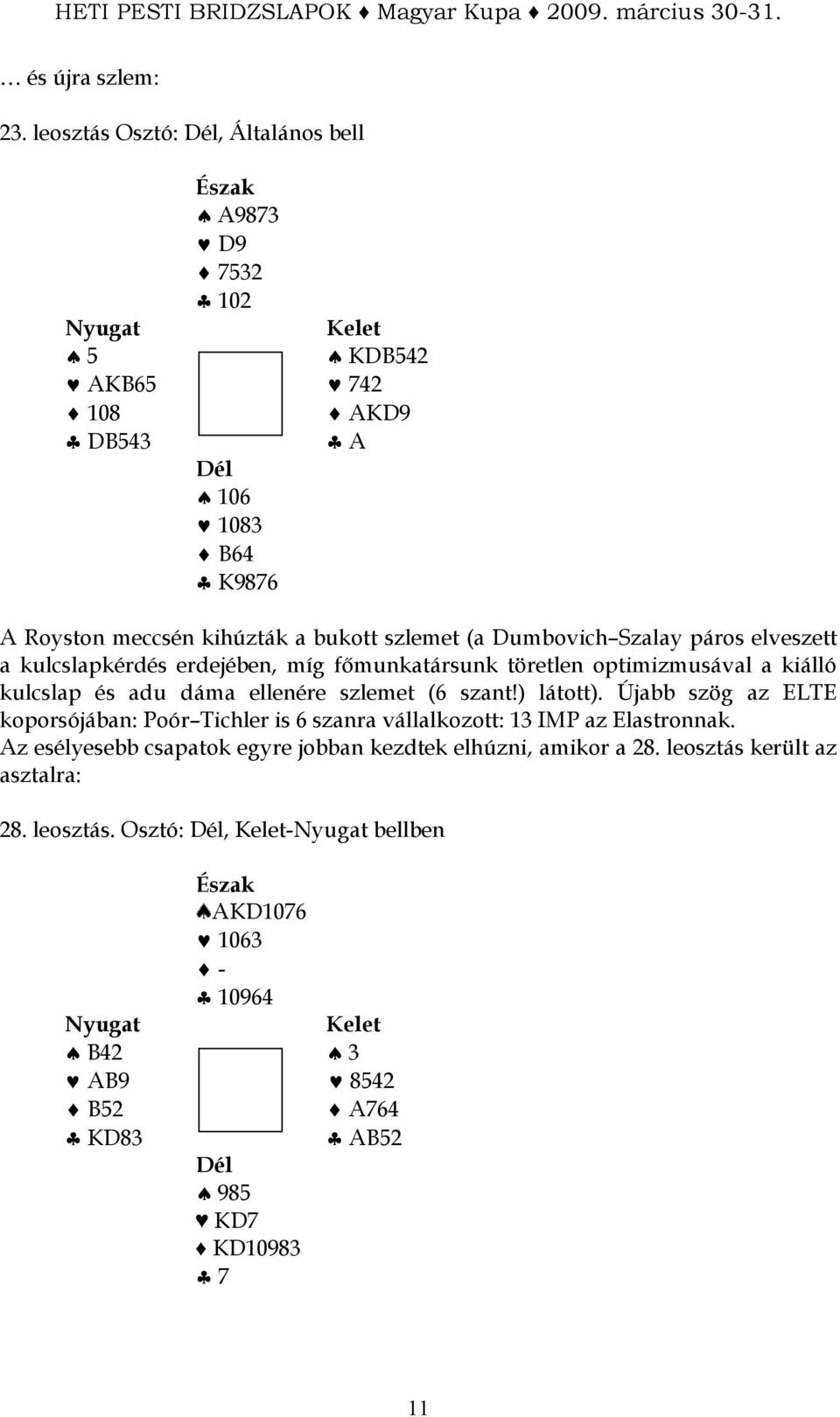 Dumbovich Szalay páros elveszett a kulcslapkérdés erdejében, míg fımunkatársunk töretlen optimizmusával a kiálló kulcslap és adu dáma ellenére szlemet (6 szant!