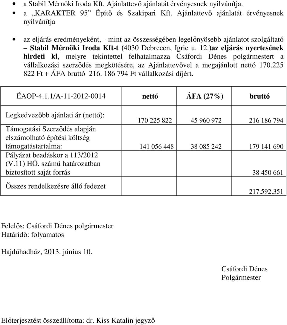 )az eljárás nyertesének hirdeti ki, melyre tekintettel felhatalmazza Csáfordi Dénes polgármestert a vállalkozási szerződés megkötésére, az Ajánlattevővel a megajánlott nettó 170.