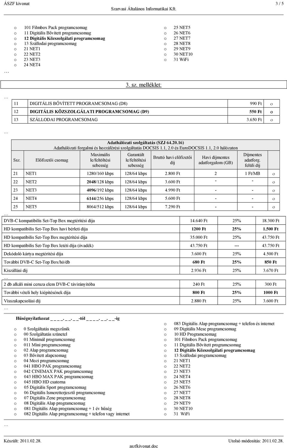 Előfizetői csmag Adathálózati szlgáltatás (SZJ 64.20.16) Adathálózati frgalmi és hzzáférési szlgáltatás DOCSIS 1.1, 2.