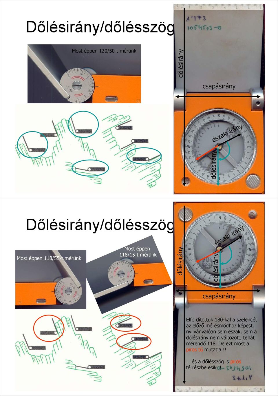 irány csapásirány Elfordítottuk 180-kal a szelencét az előző mérésmódhoz képest, nyilvánvalóan sem észak,