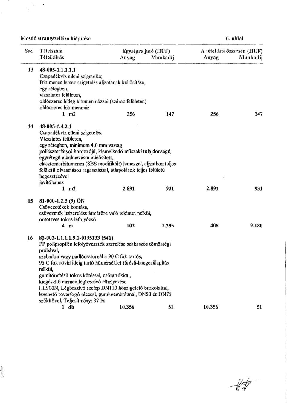 1.1.1.1 Csapadékvíz elleni szigetelés; Bitumenes lemez szigetelés aljzatának kellösítése, egy rétegben, vízszintes felületen, oldószeres hideg bitumenmázzal (száraz felületen) oldószeres bituménmáz 1