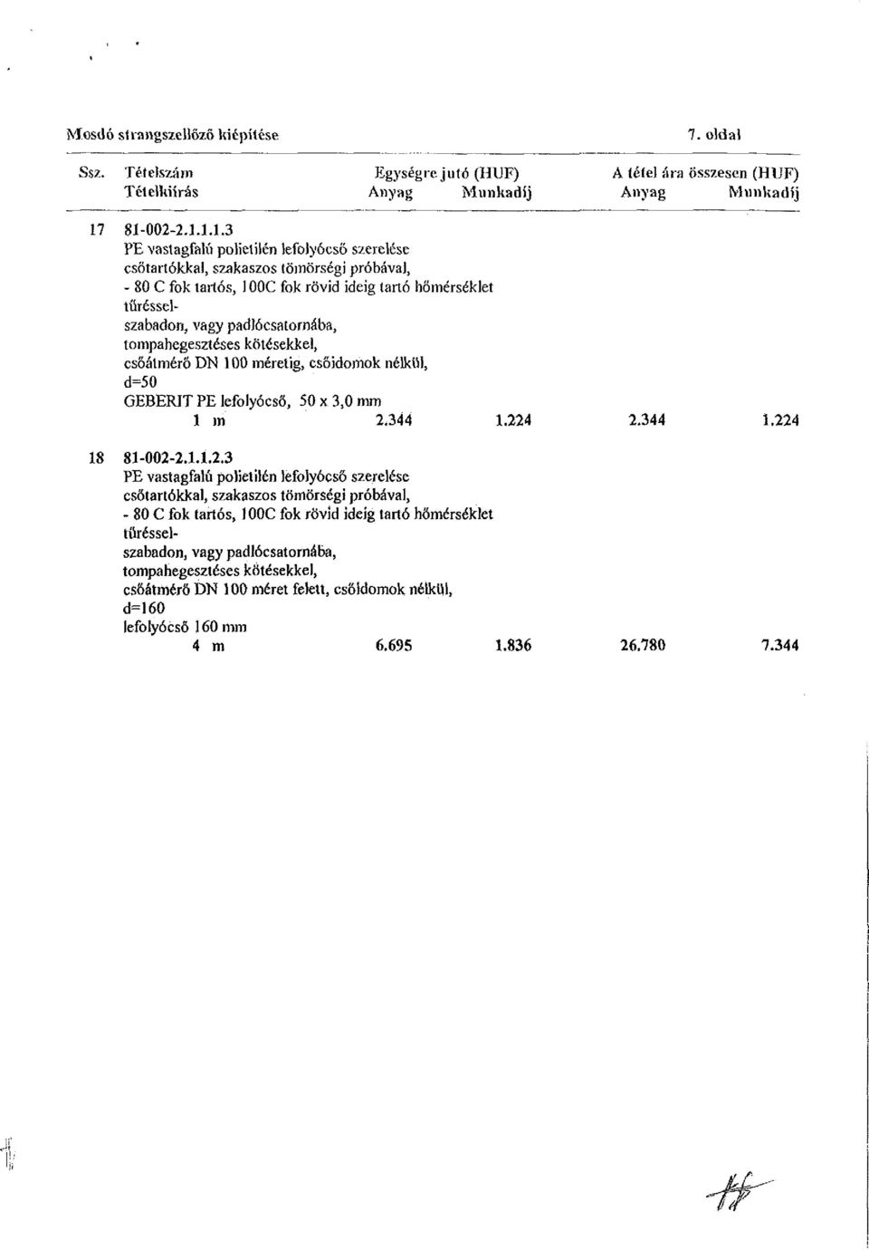 padlócsatornába, tompa hegesztéses kötésekkel, csőátmérő DN 100 méretig, csőidomok nélkül, d=50 GEBERIT PE lefolyócső, 50 x 3,0 mm 1 m 2.