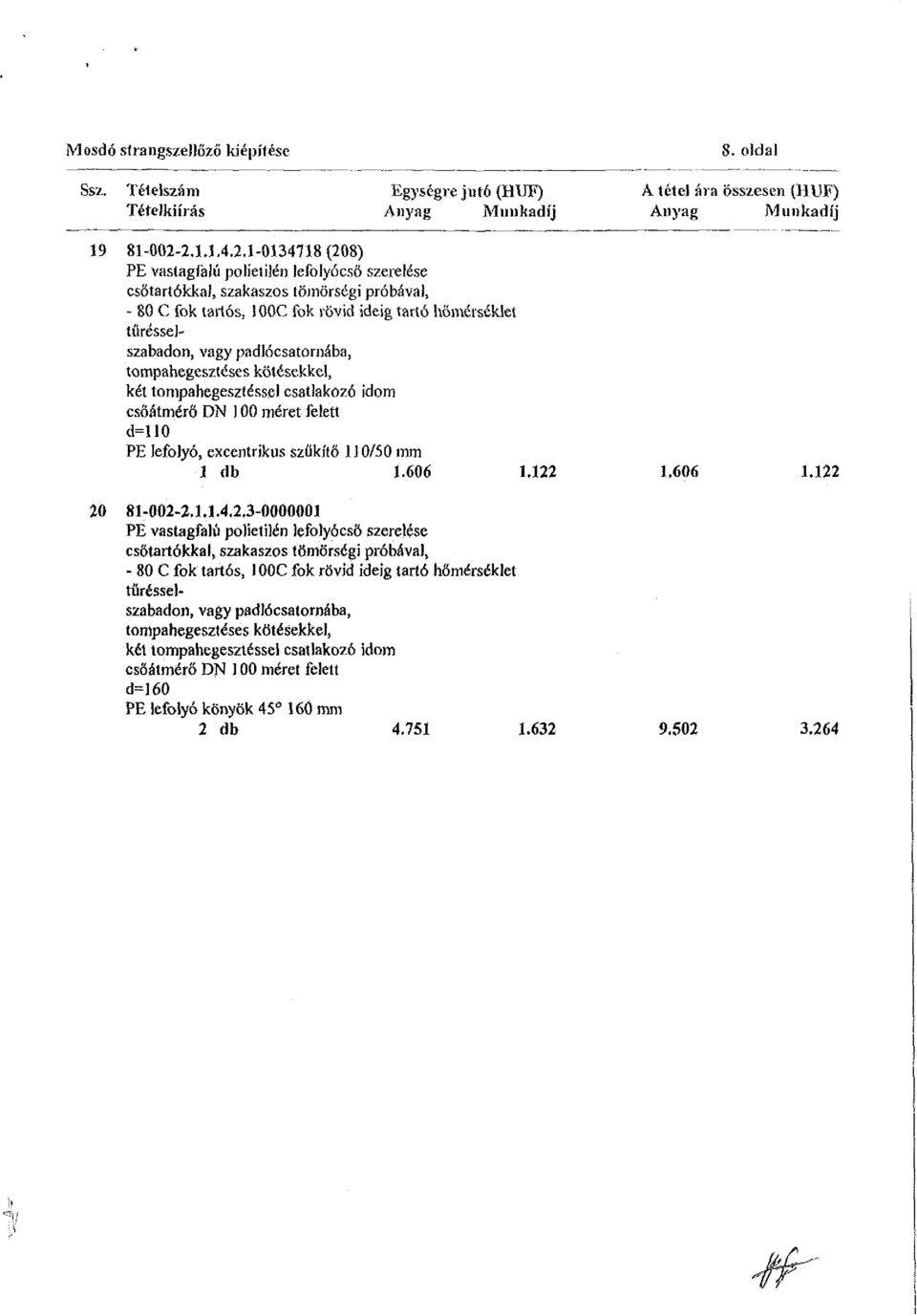 1 OOC fok rövid ideig tartó hőmérséklet tűrésselszabadon, vagy padlócsatornába, tompahegesztése s kötésekkel, két tompahegesztéssel csatlakozó idom csőátmérő DN 100 méret felett d=u0 PE lefolyó,