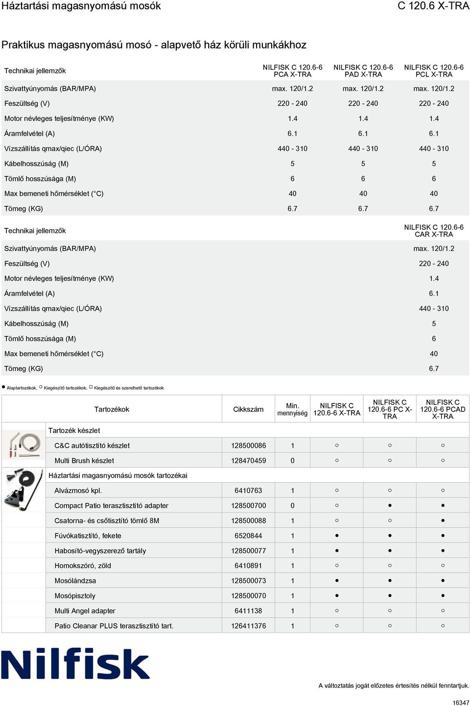 7 6.7 6.7 Technikai jellemzők 120.6-6 CAR Szivattyúnyomás (BAR/MPA) max. 120/1.2 Feszültség (V) 220-240 Motor névleges teljesítménye (KW) 1.4 Áramfelvétel (A) 6.