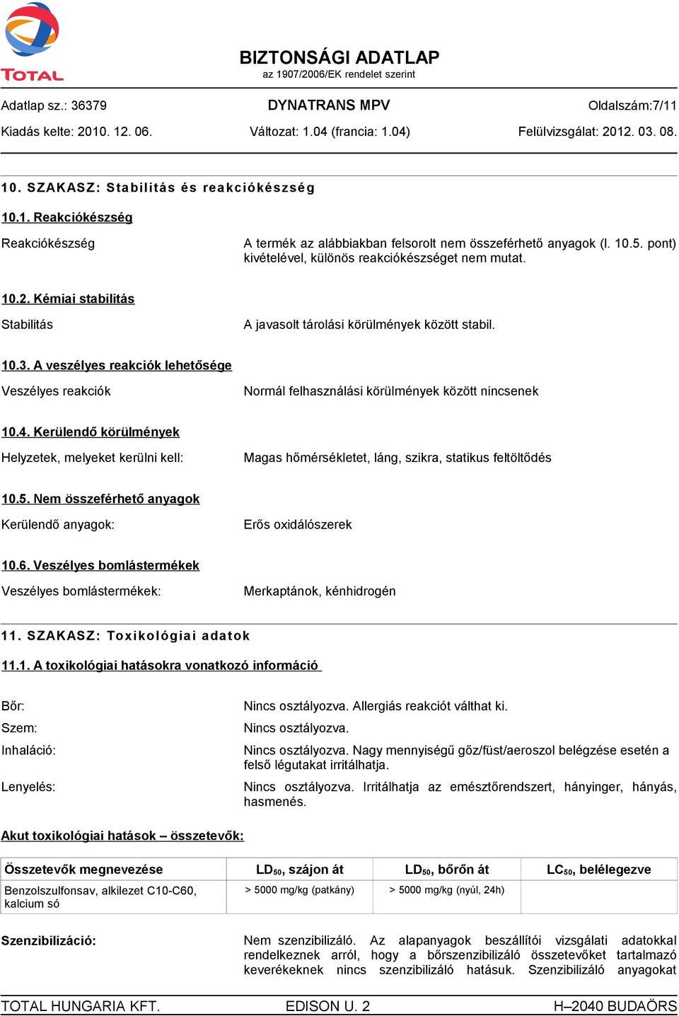 A veszélyes reakciók lehetősége Veszélyes reakciók Normál felhasználási körülmények között nincsenek 10.4.