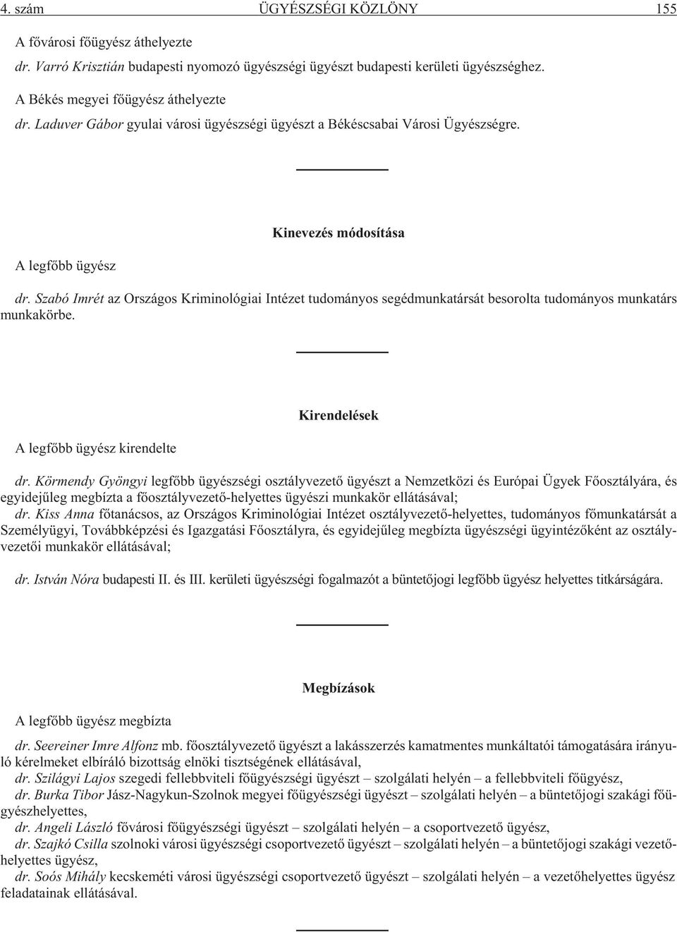 Sza bó Im rét az Or szá gos Kri mi no ló gi ai In té zet tu do má nyos se géd mun ka tár sát be so rol ta tu do má nyos munkatárs munkakörbe. A leg fõbb ügyész ki ren del te Ki ren de lé sek dr.