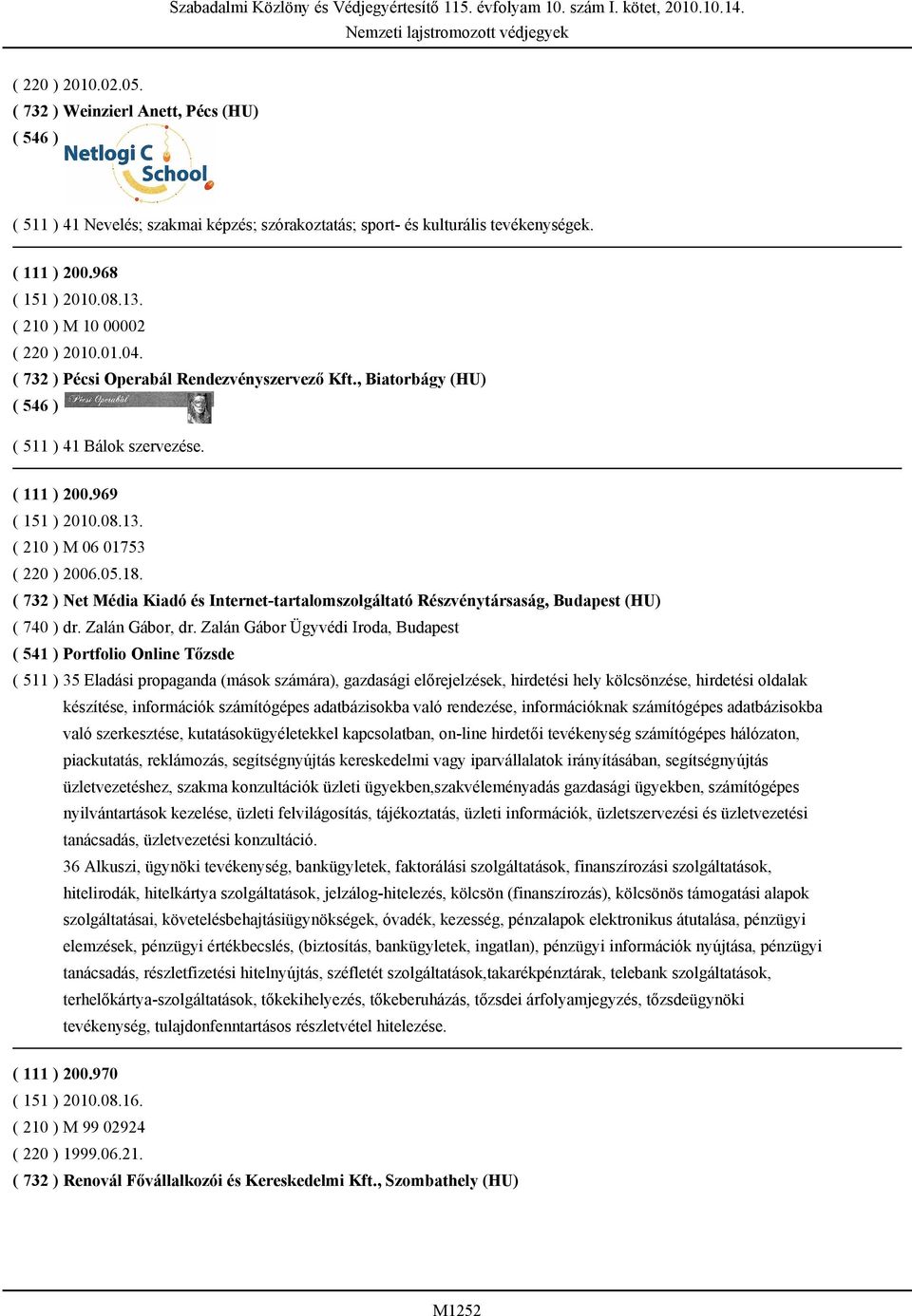 05.18. ( 732 ) Net Média Kiadó és Internet-tartalomszolgáltató Részvénytársaság, Budapest (HU) ( 740 ) dr. Zalán Gábor, dr.