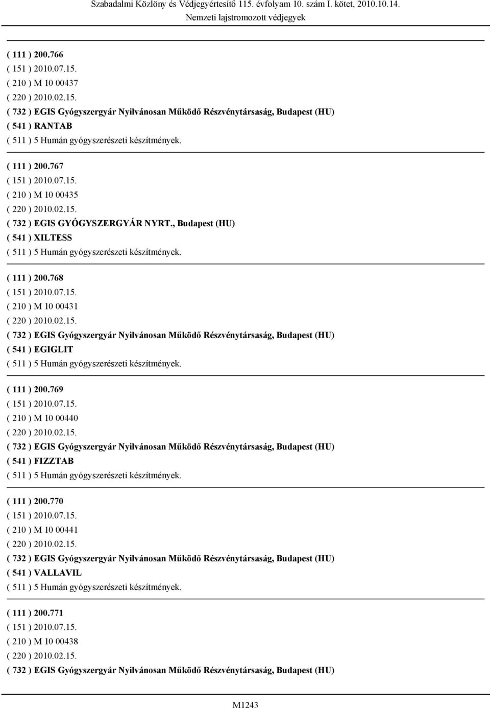 768 ( 210 ) M 10 00431 ( 732 ) EGIS Gyógyszergyár Nyilvánosan Működő Részvénytársaság, Budapest (HU) ( 541 ) EGIGLIT ( 111 ) 200.