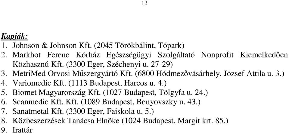 MetriMed Orvosi M szergyártó Kft. (6800 Hódmez vásárhely, József Attila u. 3.) 4. Variomedic Kft. (1113 Budapest, Harcos u. 4.) 5.