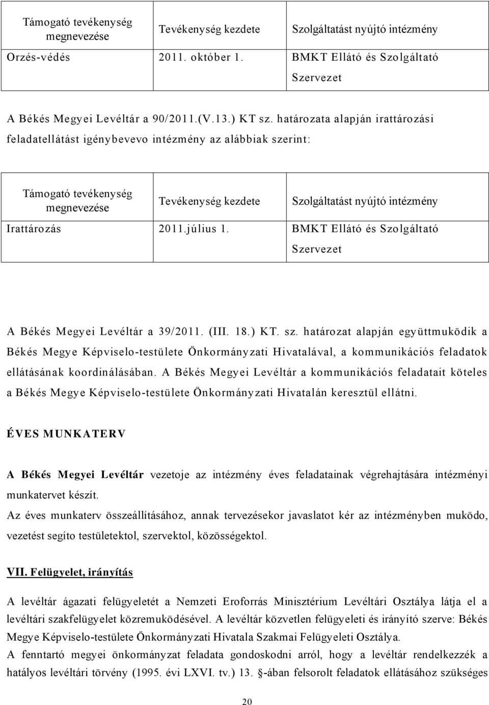 július 1. BMKT Ellátó és Szolgáltató Szervezet A Békés Megyei Levéltár a 39/2011. (III. 18.) KT. sz.