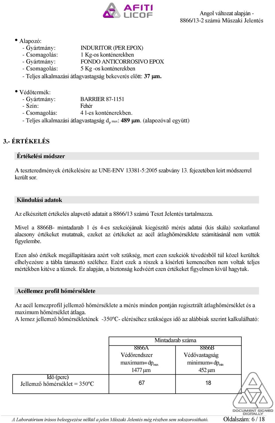 - ÉRTÉKELÉS Értékelési módszer A teszteredmények értékelésére az UNE-ENV 13381-5:2005 szabvány 13. fejezetében leírt módszerrel került sor.