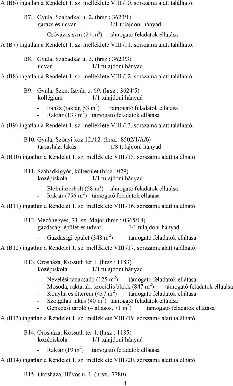 : 3623/3) udvar A (B8) ingatlan a Rendelet 1. sz. melléklete VIII./12. sorszáma alatt található. B9. Gyula, Szent István u. 69. (hrsz.