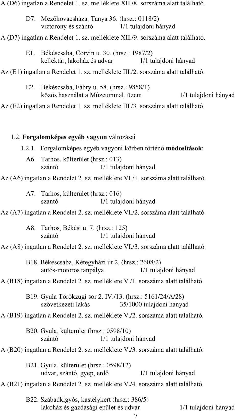 Békéscsaba, Fábry u. 58. (hrsz.: 9858/1) közös használat a Múzeummal, üzem Az (E2) ingatlan a Rendelet 1. sz. melléklete III./3. sorszáma alatt található. 1.2. Forgalomképes egyéb vagyon változásai 1.