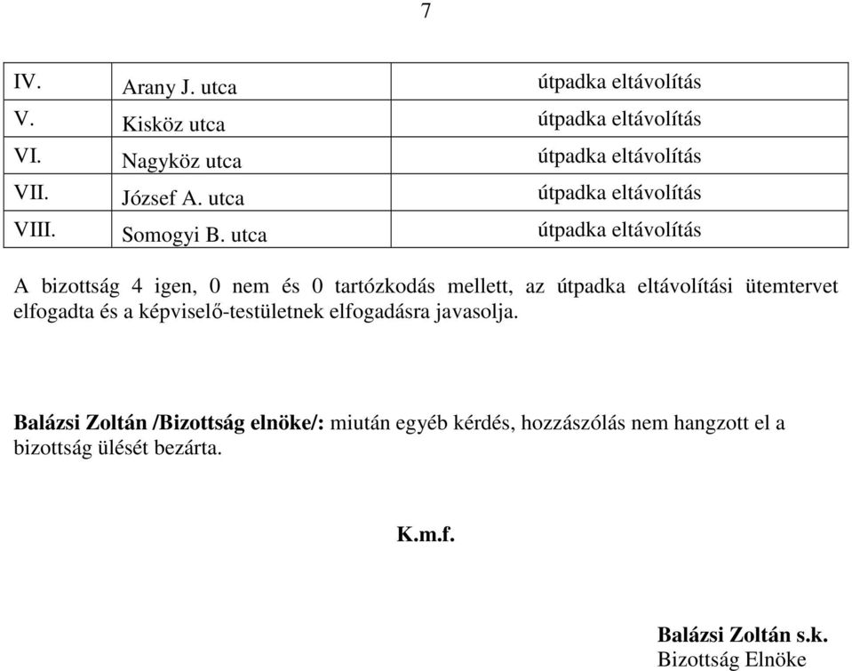 utca útpadka eltávolítás A bizottság 4 igen, 0 nem és 0 tartózkodás mellett, az útpadka eltávolítási ütemtervet elfogadta