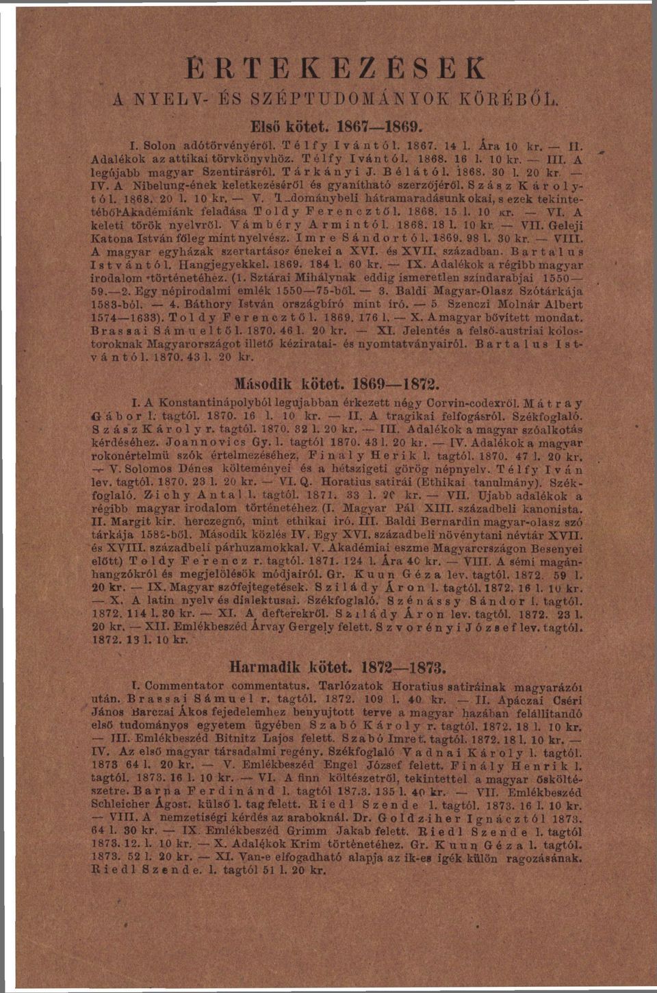 Ί-dománybeli hátramaradásunk okai, s ezek tekintetébőhakadémiánk feladása Toldy Ferencztől. 1868. 15 1. 10 ΚΓ. VI. A keleti török nyelvről. Vámbéry Ármintól. 1868. 18 1. 10 kr. VII.