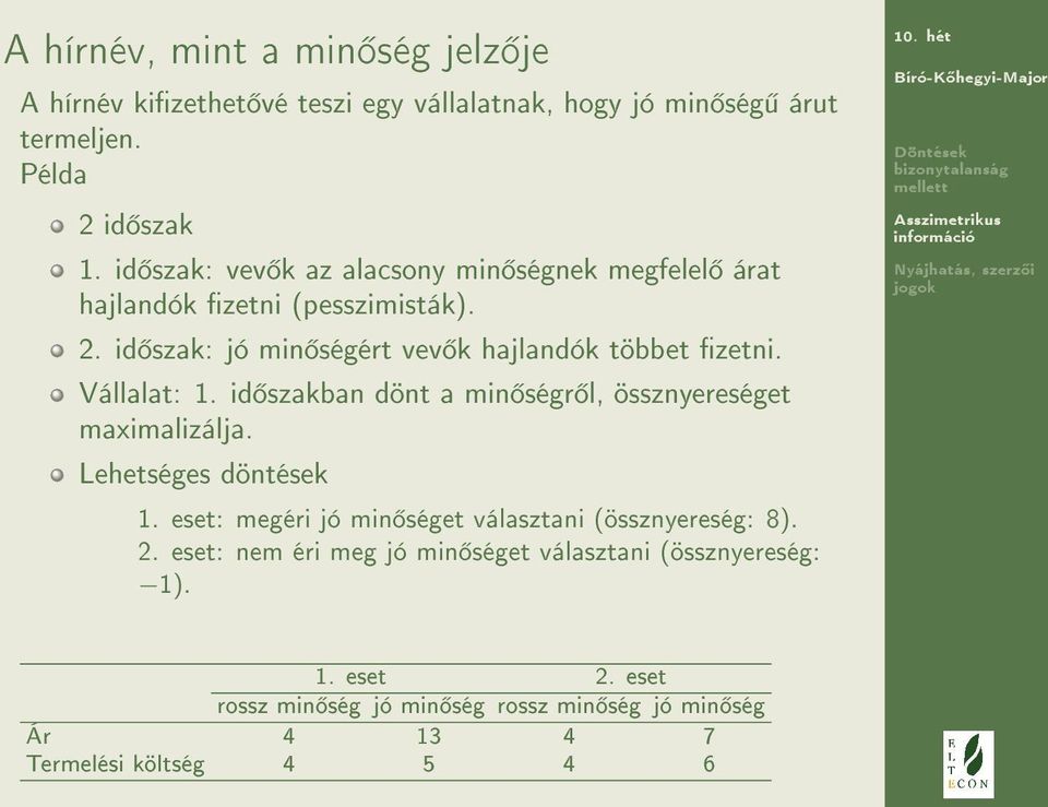 Vállalat: 1. id szakban dönt a min ségr l, össznyereséget maximalizálja. Lehetséges döntések 1.