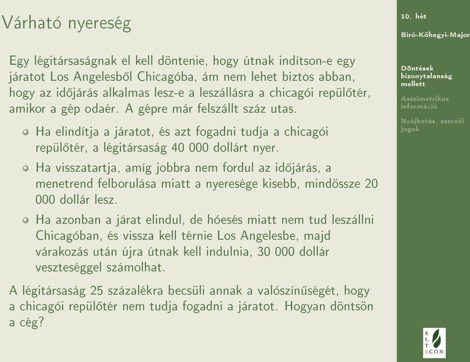 Ha visszatartja, amíg jobbra nem fordul az id járás, a menetrend felborulása miatt a nyeresége kisebb, mindössze 20 000 dollár lesz.