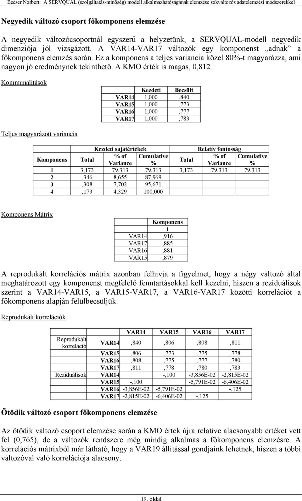 Kommunalitások Kezdeti Becsült VAR14 1,000,840 VAR15 1,000,773 VAR16 1,000,777 VAR17 1,000,783 Teljes magyarázott variancia Kezdeti sajátértékek Relatív fontosság Komponens Total Total 1 3,173 79,313