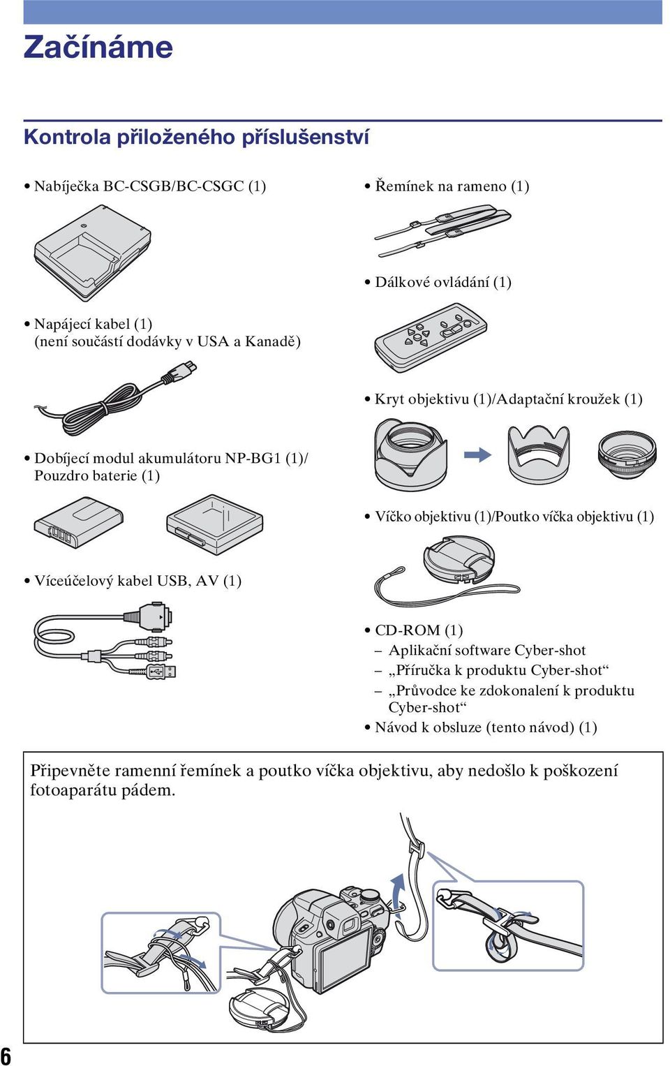 víčka objektivu (1) Víceúčelový kabel USB, AV (1) CD-ROM (1) Aplikační software Cyber-shot Příručka k produktu Cyber-shot Průvodce ke zdokonalení k