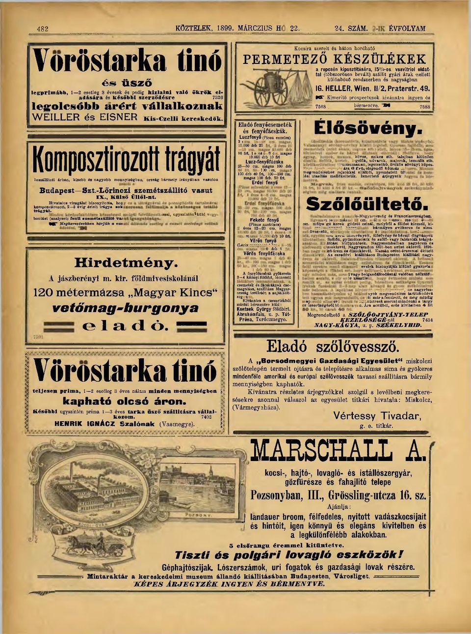 Komposztirozott trágyát leszállított árban, kisebb és nagyobb mennyiségben, ország bármely Irányában vasúton Budapest Szt.-Lőrinczi szemétszállító vasút IX., Külső Űllől-nt.