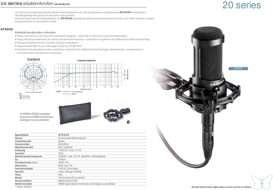 20 series AT2035 Kardioid kondenzátor mikrofon Nagy membrán a sima és természetes hangzás, valamint az alacsony zajszint érdekében Nagy hangnyomástűrés és széles dinamikatartomány páratlanul rugalmas