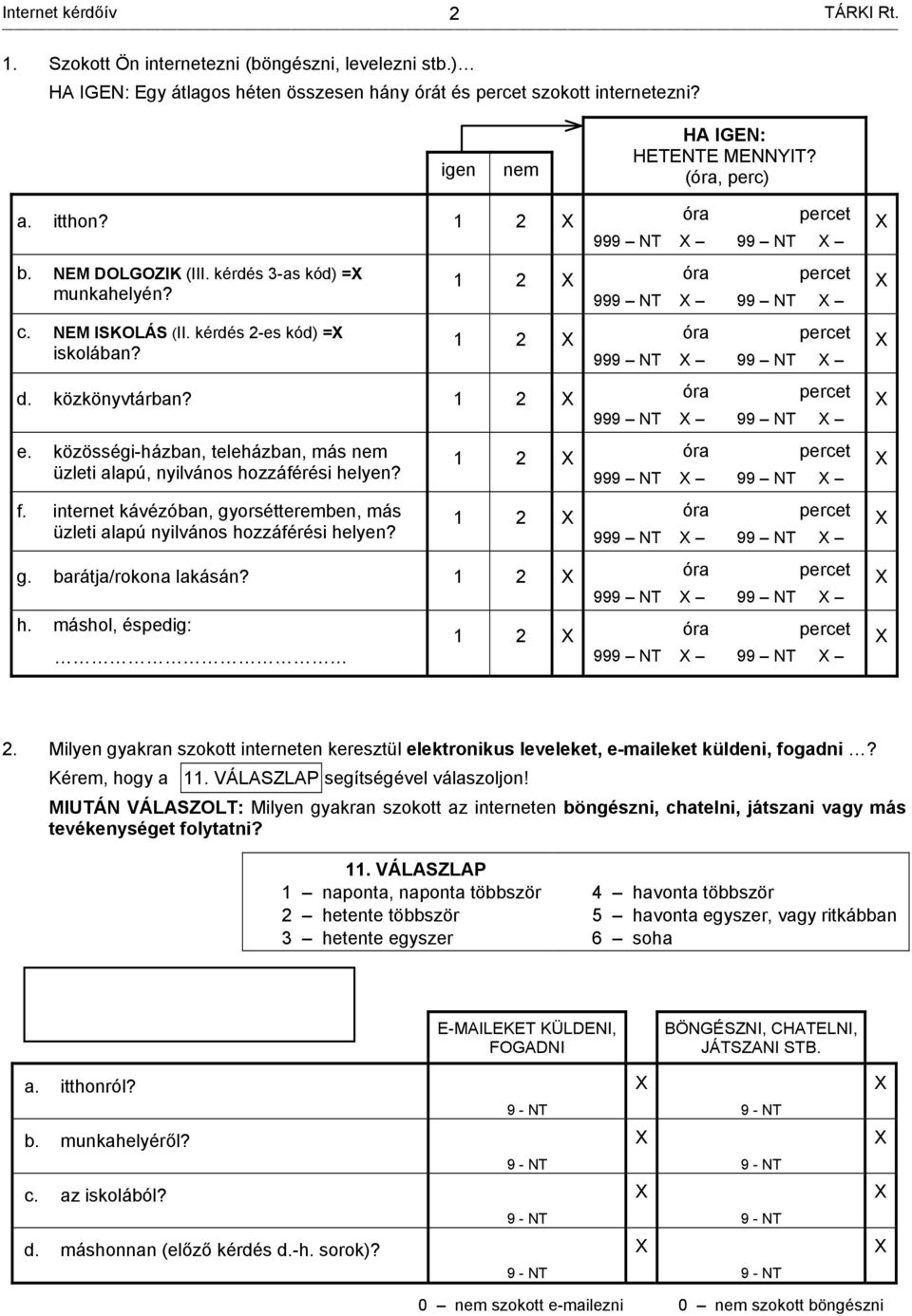 közösségi-házban, teleházban, más nem üzleti alapú, nyilvános hozzáférési helyen? f. internet kávézóban, gyorsétteremben, más üzleti alapú nyilvános hozzáférési helyen? 999 1 2 óra 999 1 2 óra 999 g.